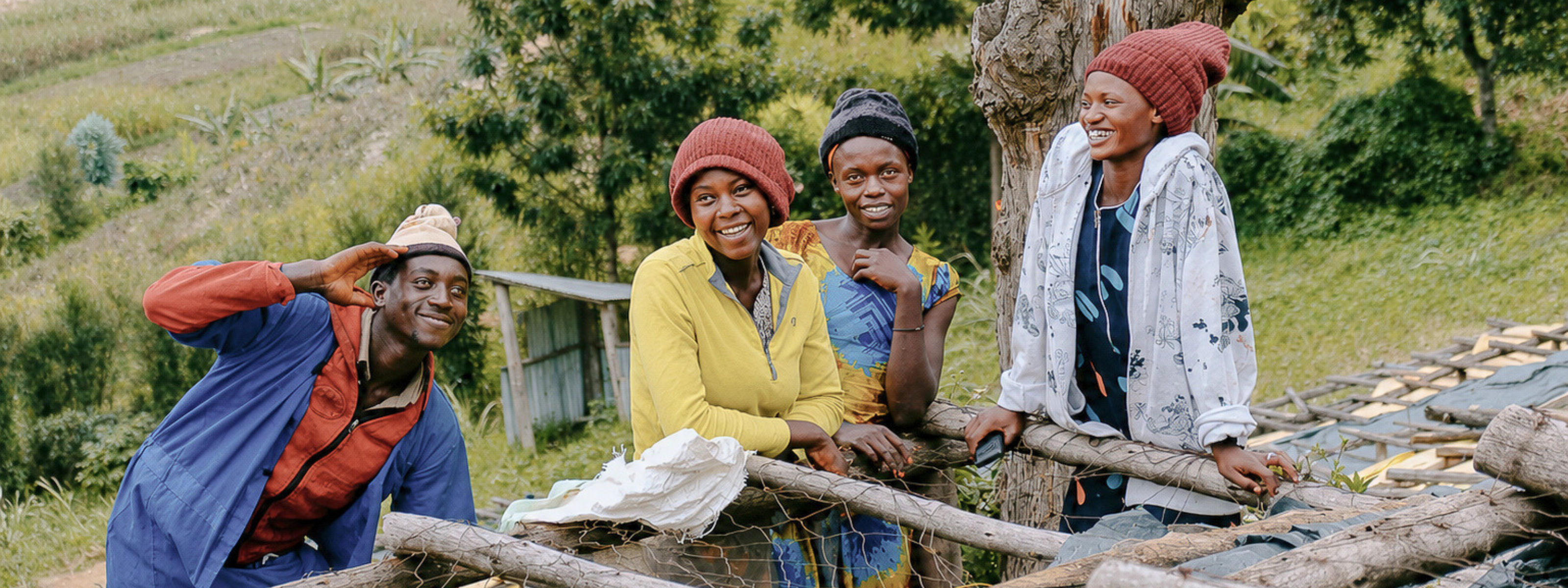 Four women sitting on a wooden structure outdoors with a scenic background
